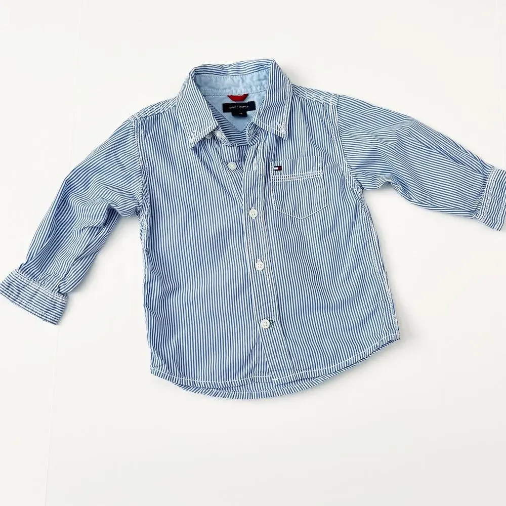 [Tommy Hilfiger] Blue White Striped Button Down Dress Shirt Cotton Size 12M Boys